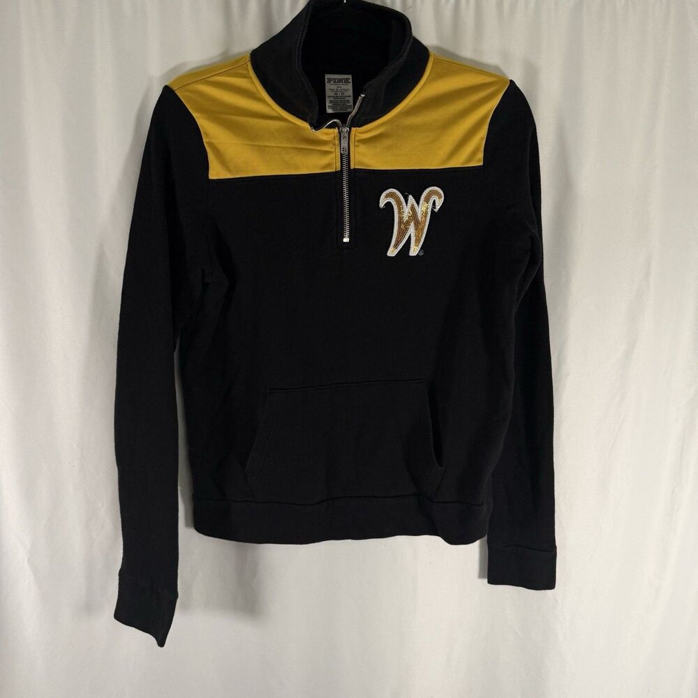 Wichita State Shockers Pink Sweater Womens XS Black Yell 1/4 Zip Victoria Secret